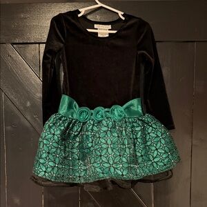 Black Velvet Dress with Emerald Green Floral Skirt